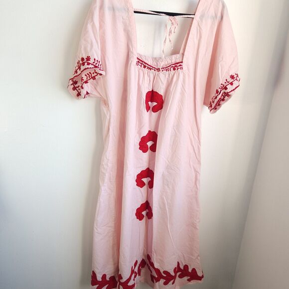 Zara Limited Edition Embroidered Dress Medium Pink Red Cotton Boho Folk Peasant - Picture 3 of 10
